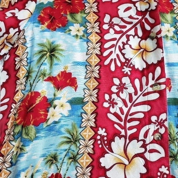 LADY ASHLEY HAWAIIAN FLORAL PRINT BLOUSE SZ L RED YELLOW BLUE - Picture 5 of 9